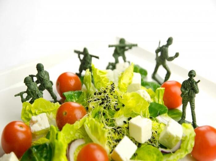 Petits soldats en plastique disposés sur une salade composée